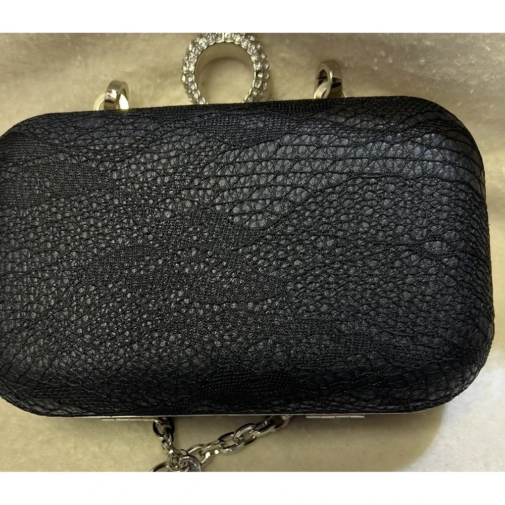 Jewell Black Hard Shell Faux Suede Evening‎ Prom Bag Rhinestone Ring Closure